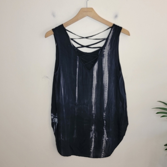 Fifty Street | Black Gray Streaked Dip Dye Tank Top with Criss Cross Back - Picture 5 of 6